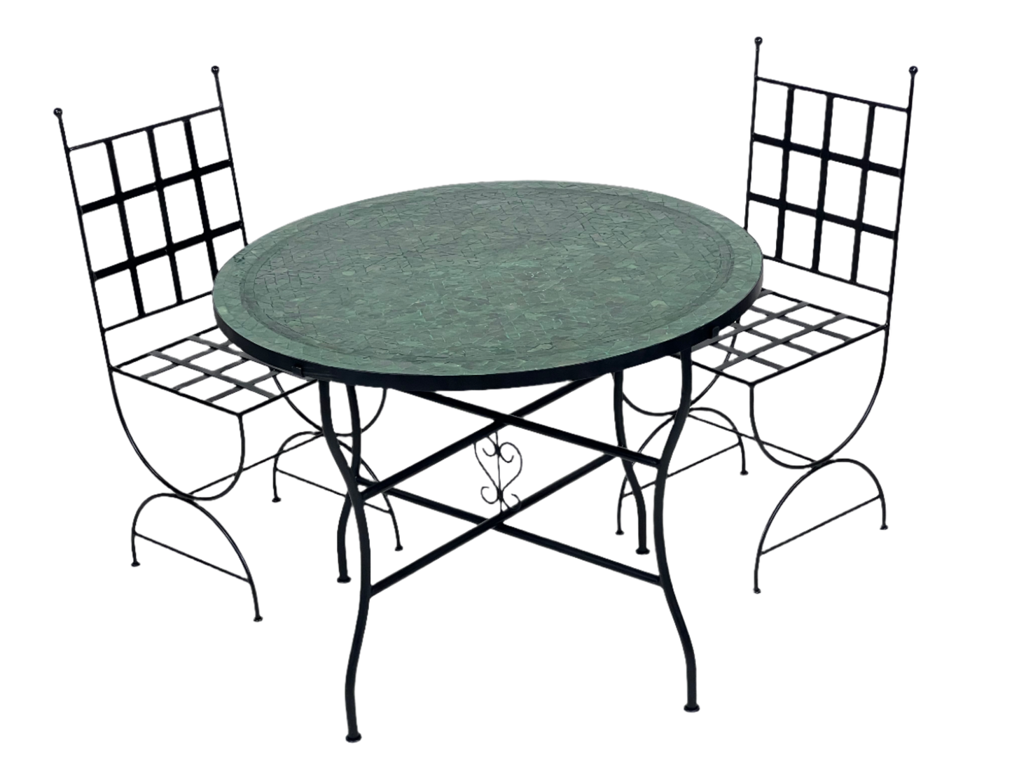 Sophisticated Mosaic Table – Handcrafted Round Green Tamegrout Table with Custom Traditional Cross Design – Luxurious Outdoor Patio Furniture