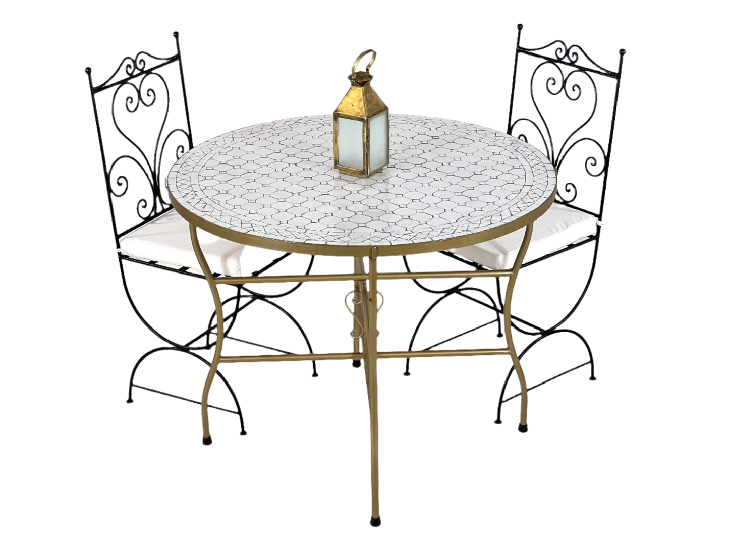 Luxurious Moroccan Handmade Mosaic Table - White Round Mid-Century Modern Patio Table with Golden Base