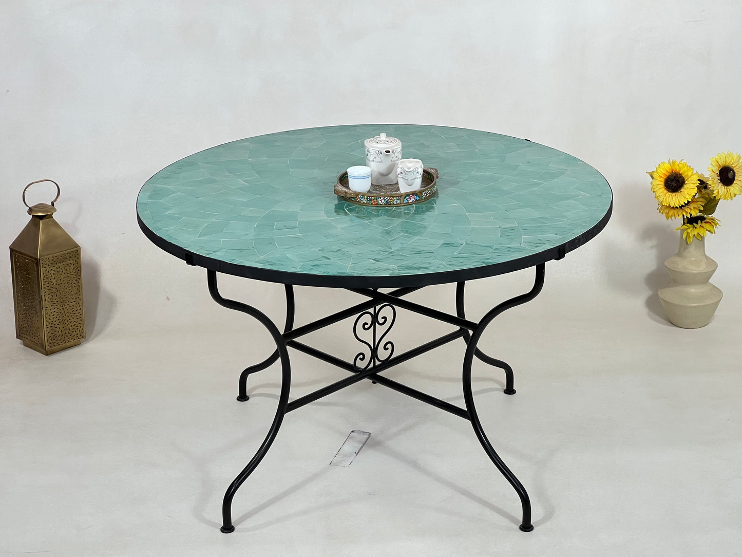 Natural Green Table - Handmade Mosaic Round Table  Unique Moroccan Zellige, Traditional Custom-Made Design, Luxurious Outdoor Side Furniture