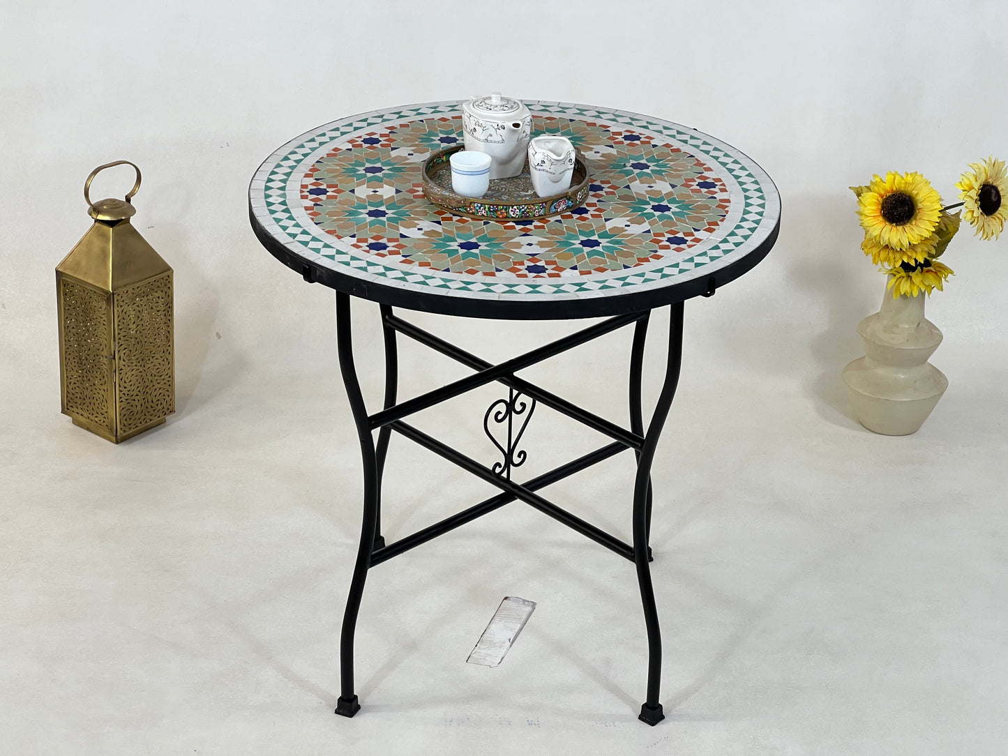 Personalizable Mosaic Table – Handcrafted Round Colorful Table with Moroccan Traditional Candle Design – Ideal for Patio and Home Furniture