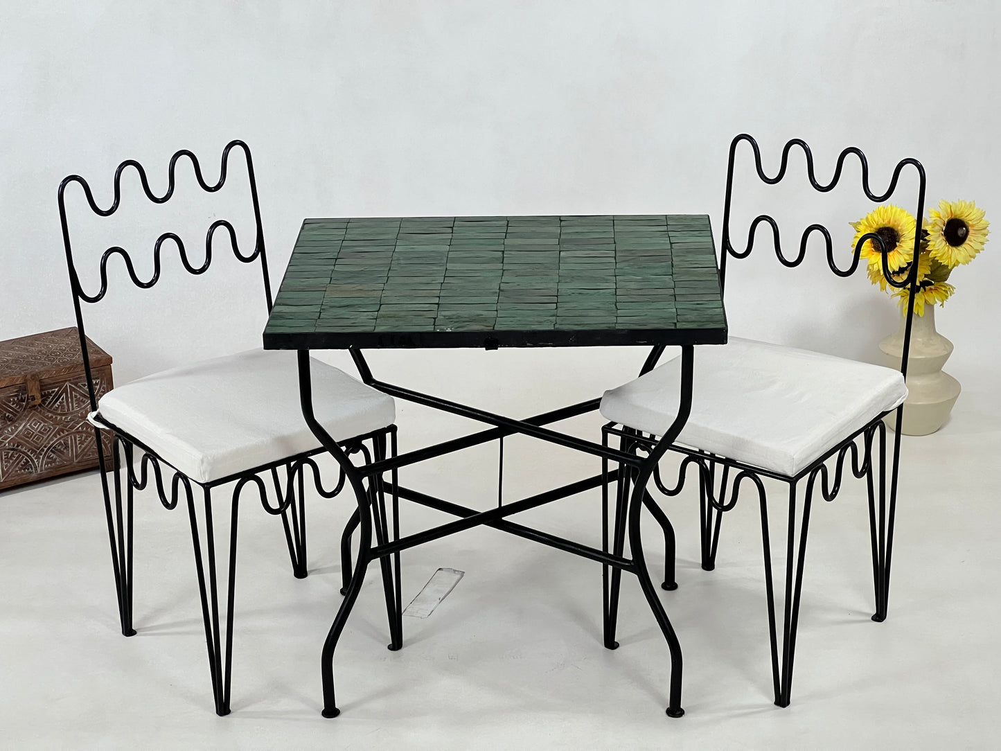 Handmade Moroccan Mosaic Table - Customizable Green Rectangular Zellije Table