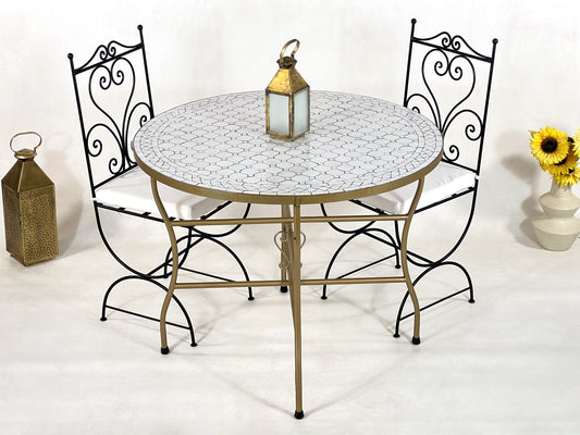 Luxurious Moroccan Handmade Mosaic Table - White Round Mid-Century Modern Patio Table with Golden Base