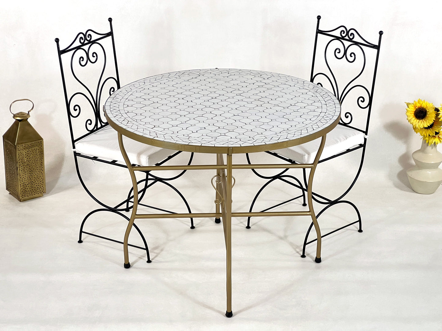 Luxurious Moroccan Handmade Mosaic Table - White Round Mid-Century Modern Patio Table with Golden Base