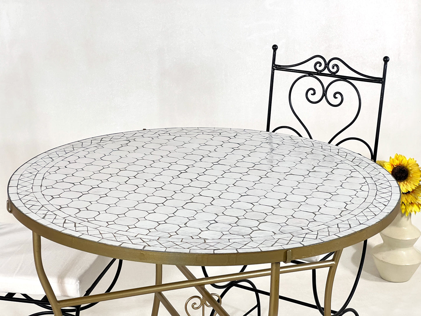 Luxurious Moroccan Handmade Mosaic Table - White Round Mid-Century Modern Patio Table with Golden Base