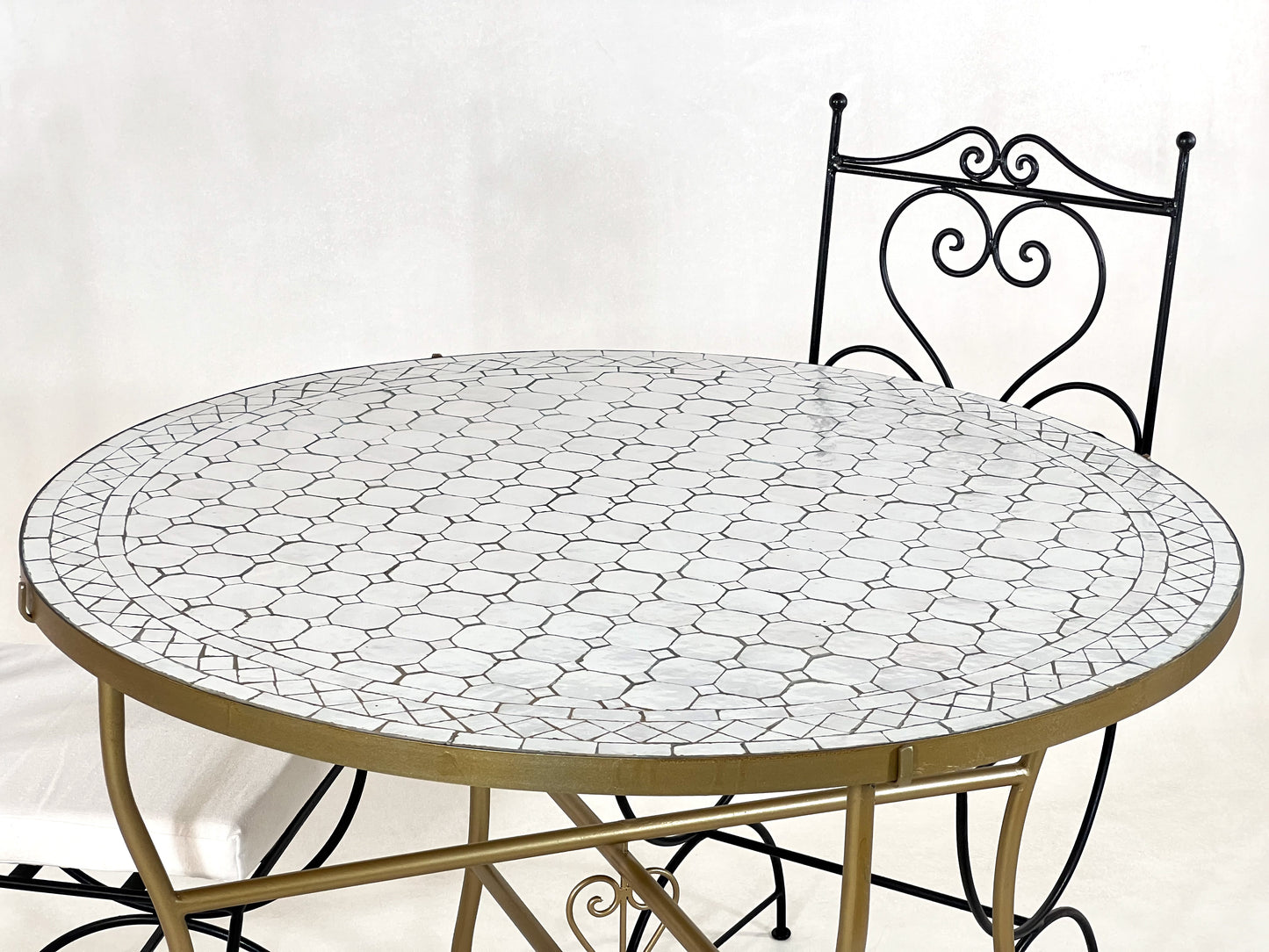 Luxurious Moroccan Handmade Mosaic Table - White Round Mid-Century Modern Patio Table with Golden Base