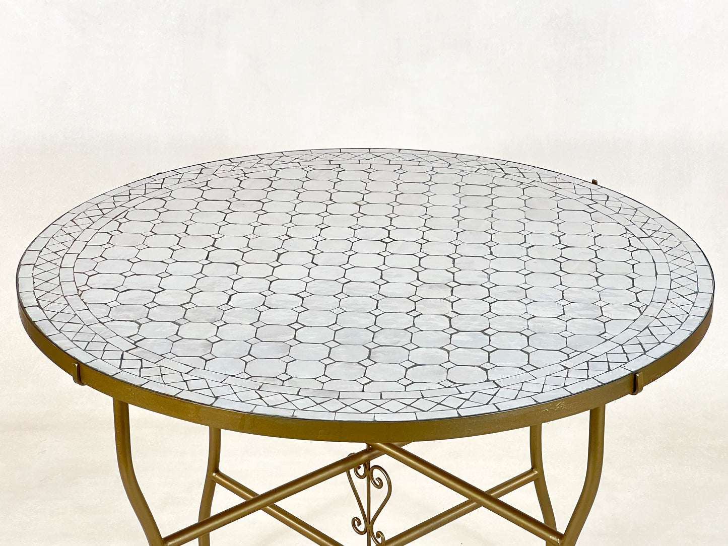 Luxurious Moroccan Handmade Mosaic Table - White Round Mid-Century Modern Patio Table with Golden Base