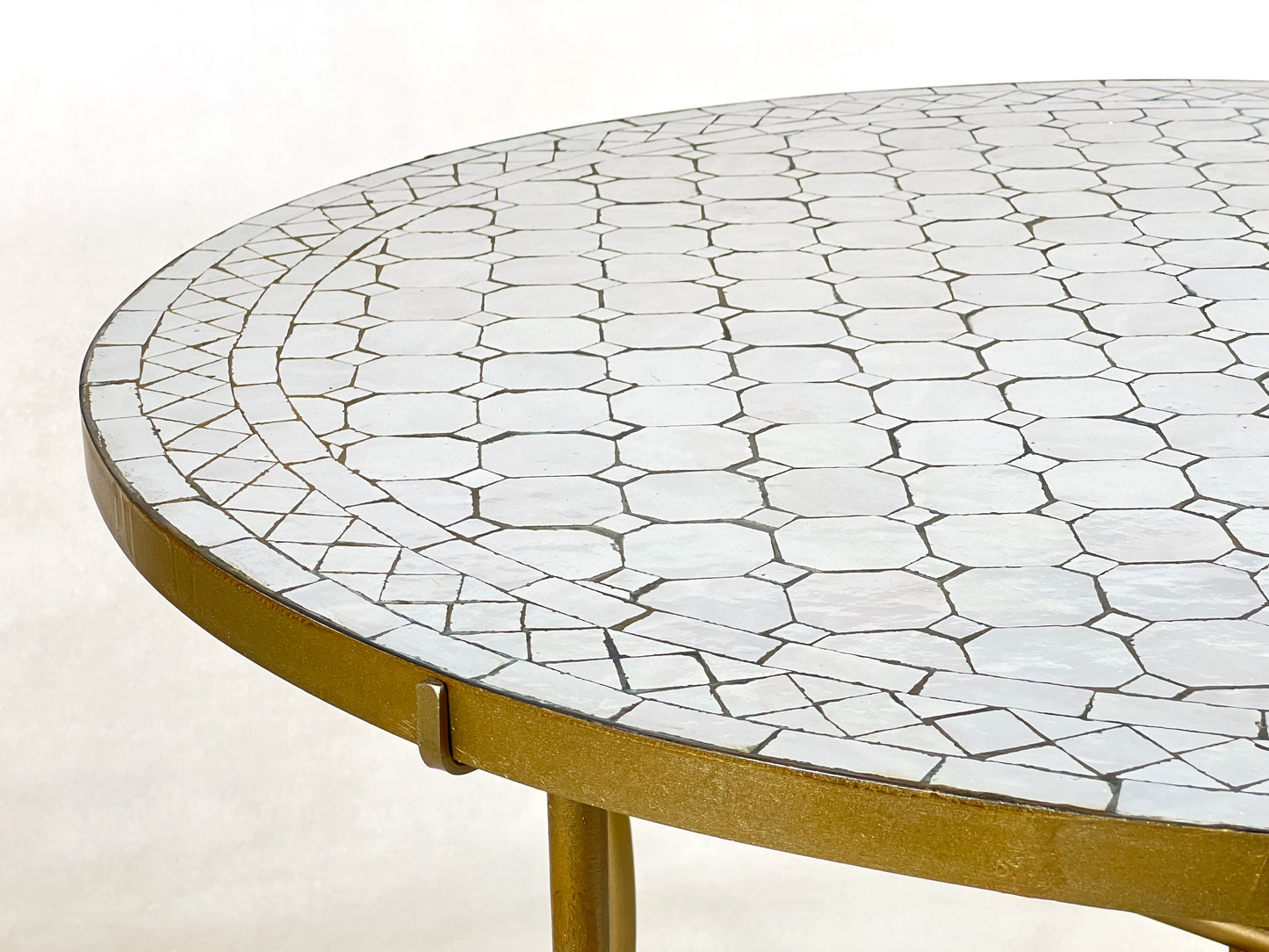 Luxurious Moroccan Handmade Mosaic Table - White Round Mid-Century Modern Patio Table with Golden Base