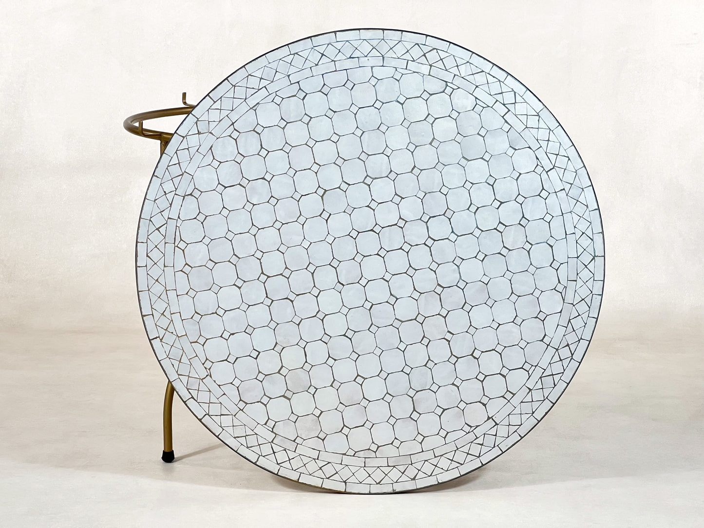 Luxurious Moroccan Handmade Mosaic Table - White Round Mid-Century Modern Patio Table with Golden Base