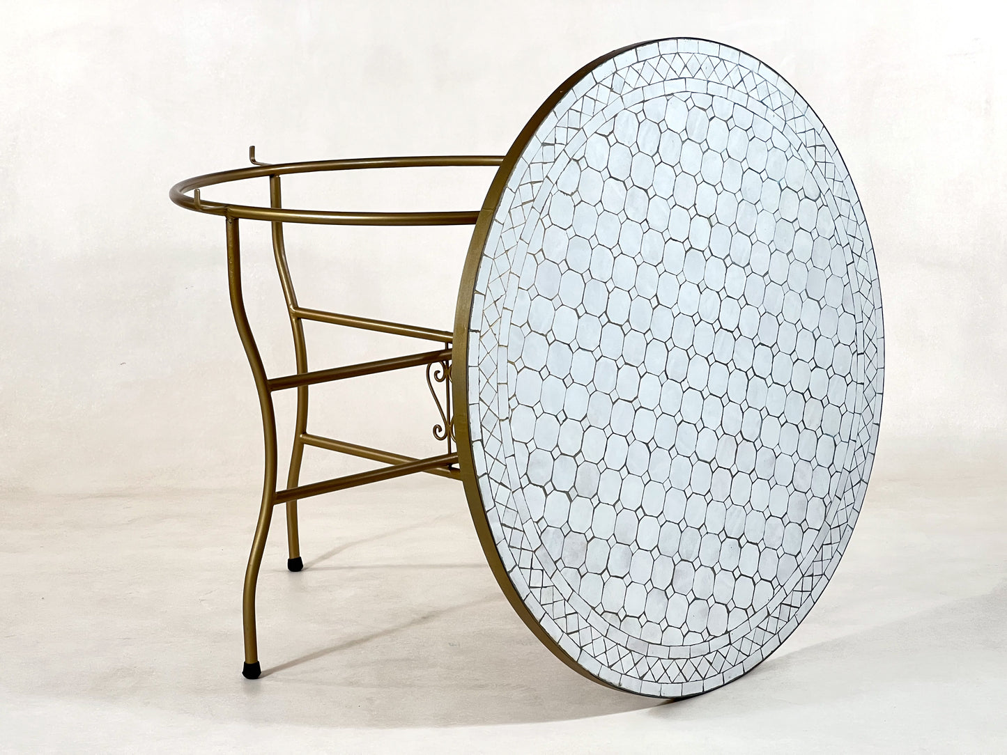 Luxurious Moroccan Handmade Mosaic Table - White Round Mid-Century Modern Patio Table with Golden Base