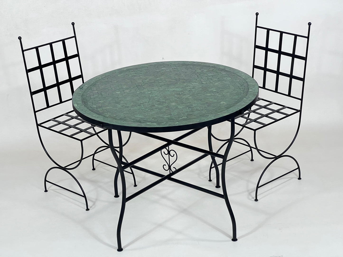 Sophisticated Mosaic Table – Handcrafted Round Green Tamegrout Table with Custom Traditional Cross Design – Luxurious Outdoor Patio Furniture