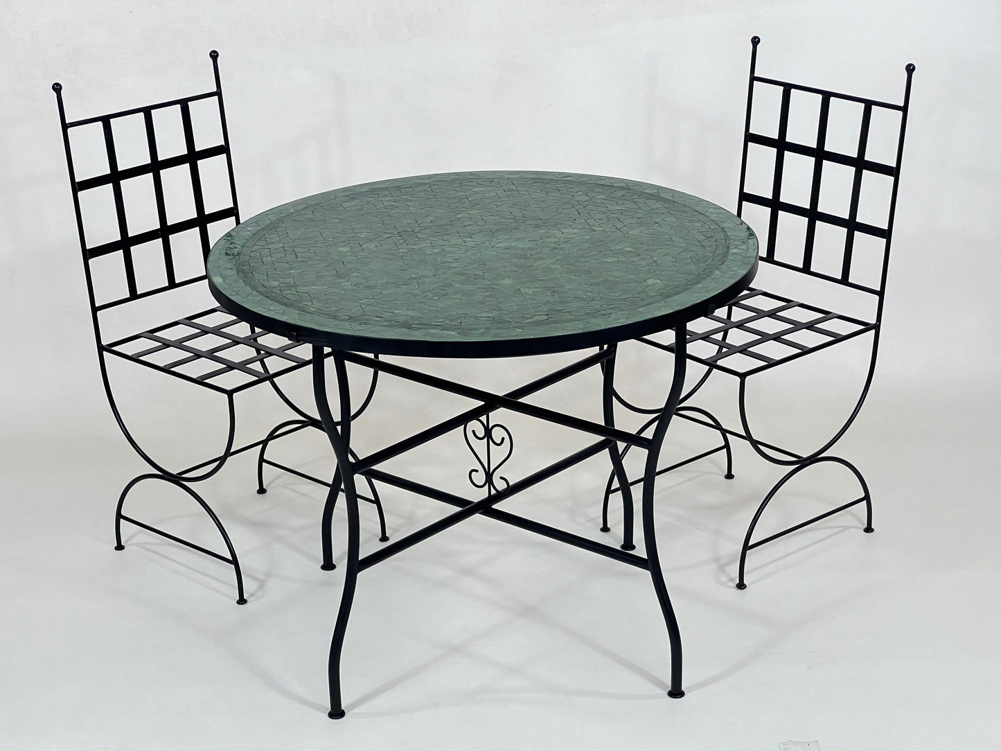 Sophisticated Mosaic Table – Handcrafted Round Green Tamegrout Table with Custom Traditional Cross Design – Luxurious Outdoor Patio Furniture