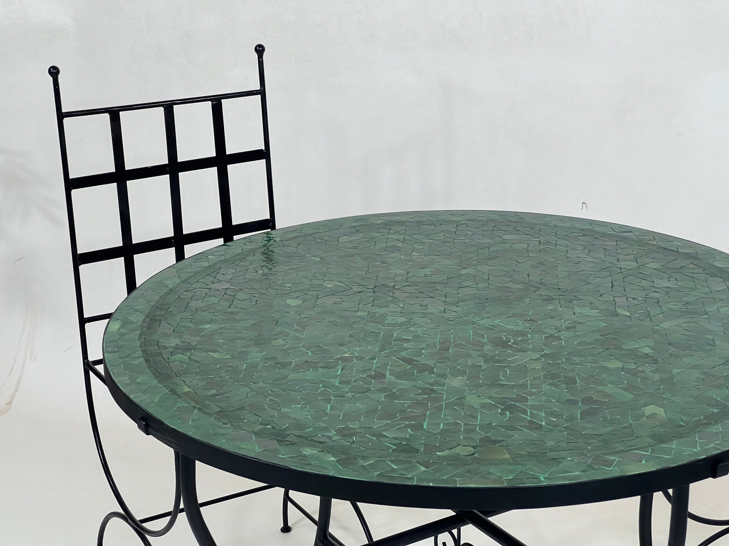 Sophisticated Mosaic Table – Handcrafted Round Green Tamegrout Table with Custom Traditional Cross Design – Luxurious Outdoor Patio Furniture