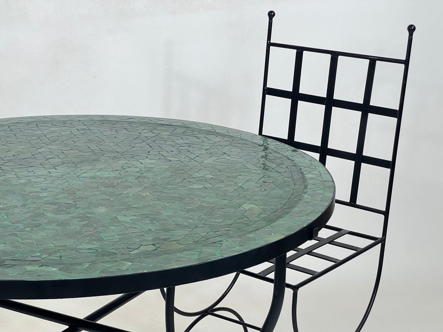 Sophisticated Mosaic Table – Handcrafted Round Green Tamegrout Table with Custom Traditional Cross Design – Luxurious Outdoor Patio Furniture