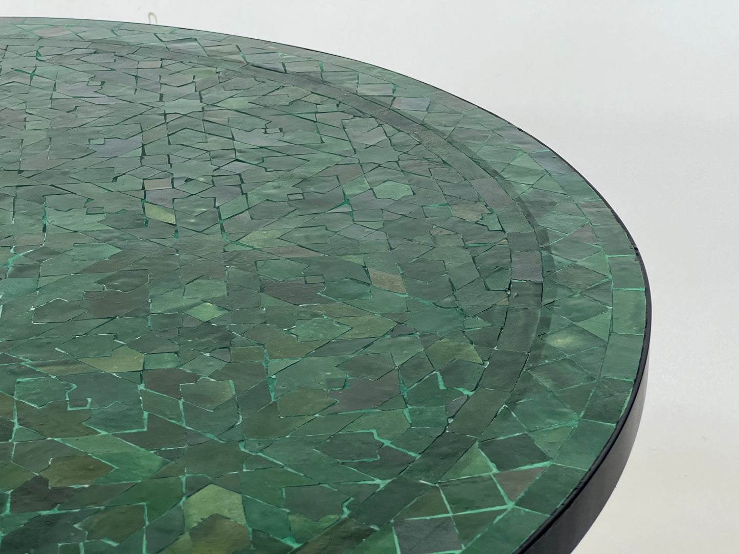 Sophisticated Mosaic Table – Handcrafted Round Green Tamegrout Table with Custom Traditional Cross Design – Luxurious Outdoor Patio Furniture