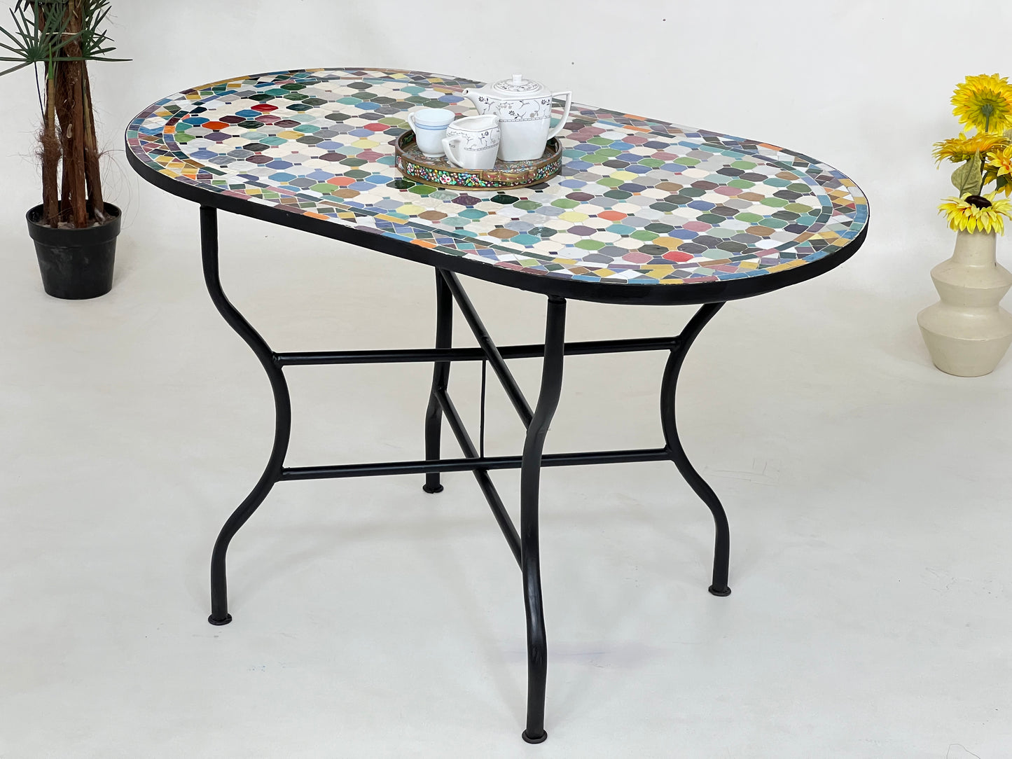 Stunning Mosaic Table – Customizable Oval Table with Traditional Moroccan Design, Luxurious Made-to-Order Colorful Patio Furniture